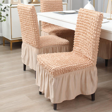 Elastic Stretchable 280 GSM Turkish Bubble Dining Chair Cover with Frill, Beige - HOKIPO | Har Ghar ka Humsafar
