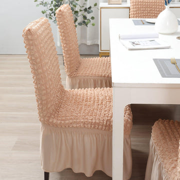 Elastic Stretchable 280 GSM Turkish Bubble Dining Chair Cover with Frill, Beige - HOKIPO | Har Ghar ka Humsafar