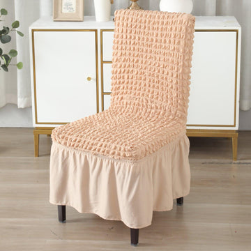Elastic Stretchable 280 GSM Turkish Bubble Dining Chair Cover with Frill, Beige - HOKIPO | Har Ghar ka Humsafar