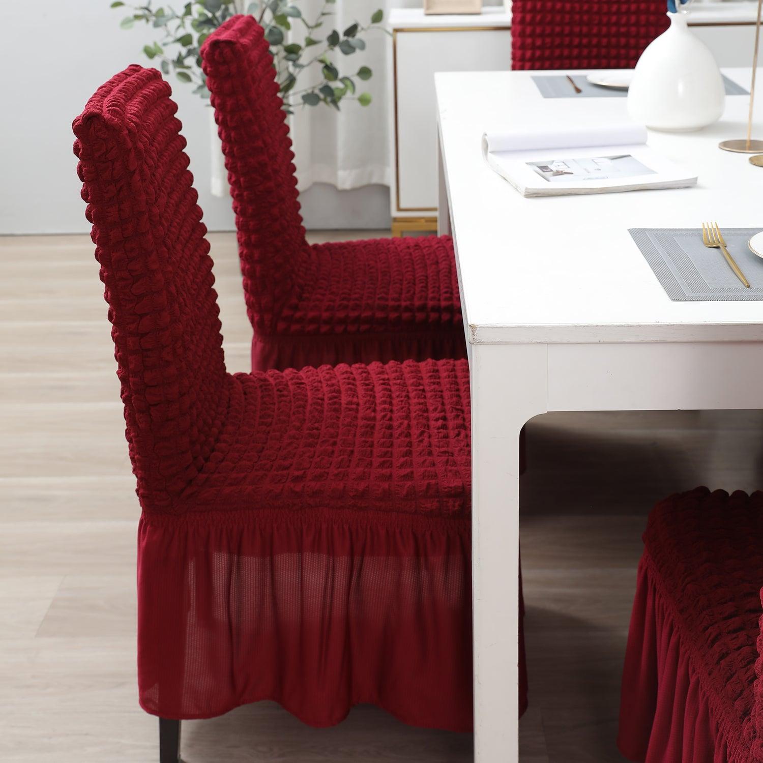 Elastic Stretchable 280 GSM Turkish Bubble Dining Chair Cover with Frill, Cherry Red - HOKIPO | Har Ghar ka Humsafar