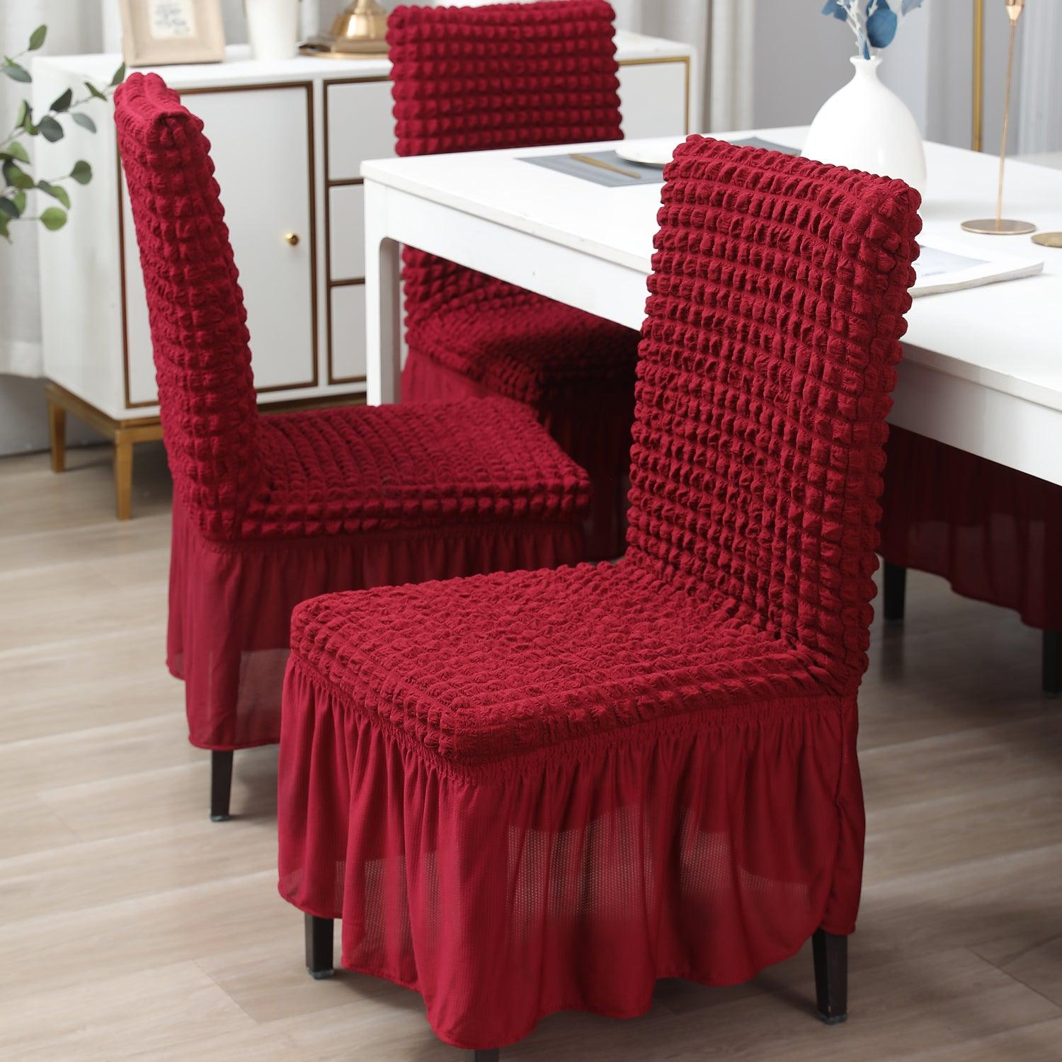 Elastic Stretchable 280 GSM Turkish Bubble Dining Chair Cover with Frill, Cherry Red - HOKIPO | Har Ghar ka Humsafar