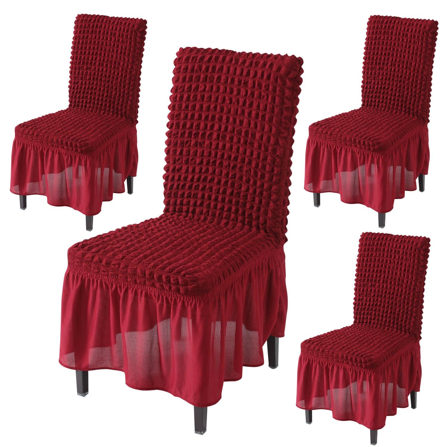 Elastic Stretchable 280 GSM Turkish Bubble Dining Chair Cover with Frill, Cherry Red - HOKIPO | Har Ghar ka Humsafar