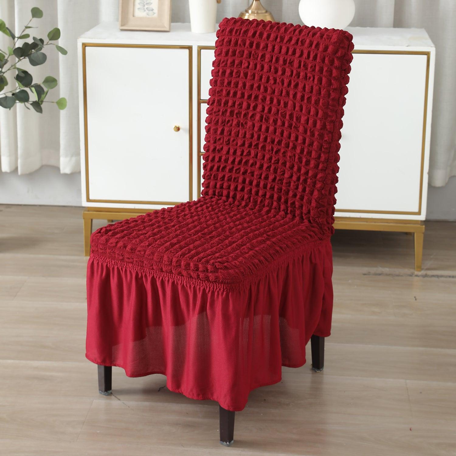 Elastic Stretchable 280 GSM Turkish Bubble Dining Chair Cover with Frill, Cherry Red - HOKIPO | Har Ghar ka Humsafar