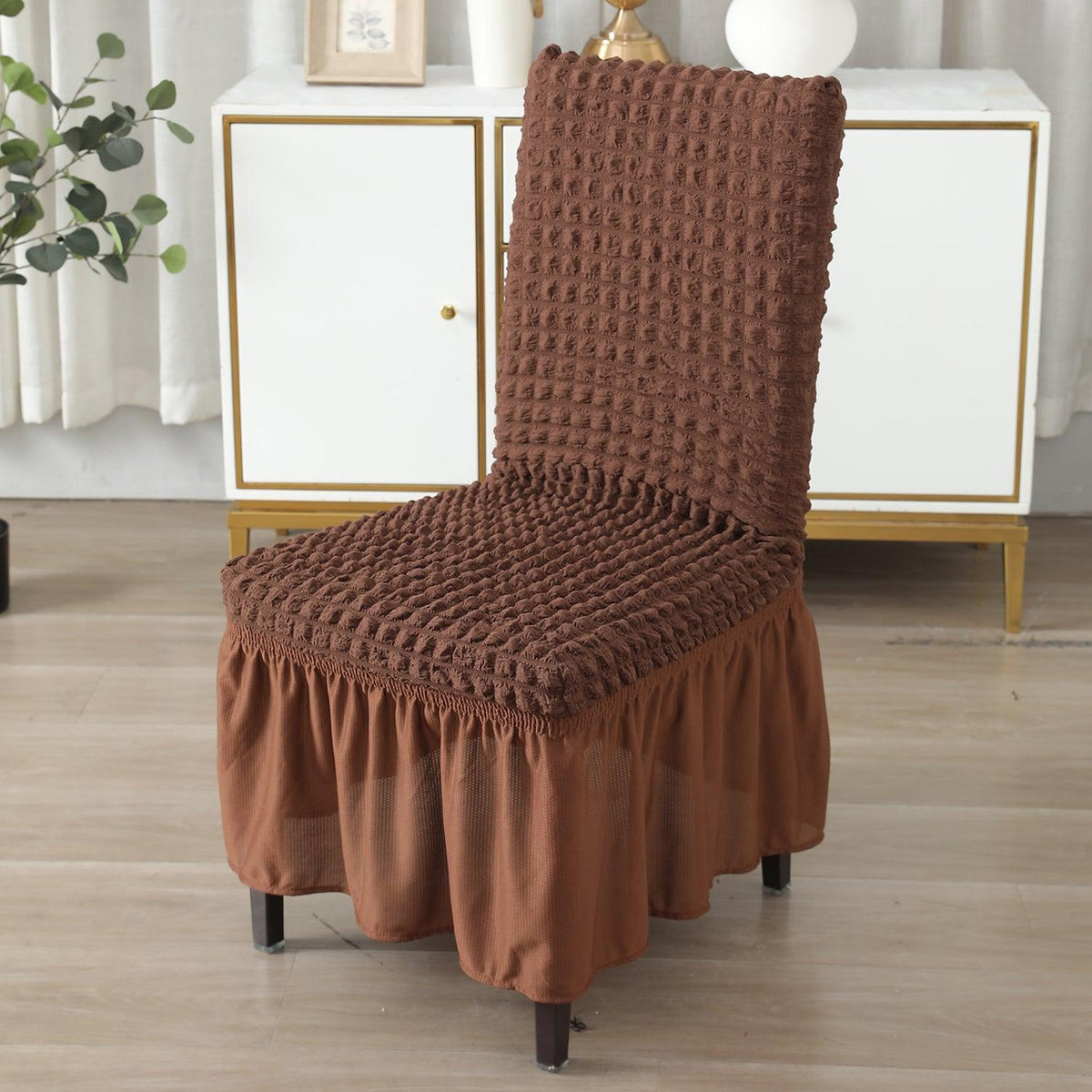 Elastic Stretchable 280 GSM Turkish Bubble Dining Chair Cover with Frill, Dark Brown - HOKIPO | Har Ghar ka Humsafar