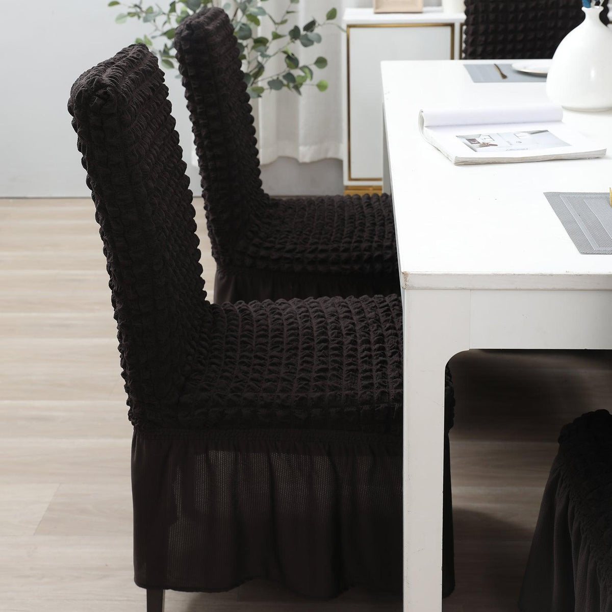 Elastic Stretchable 280 GSM Turkish Bubble Dining Chair Cover with Frill, Dark Chocolate - HOKIPO | Har Ghar ka Humsafar