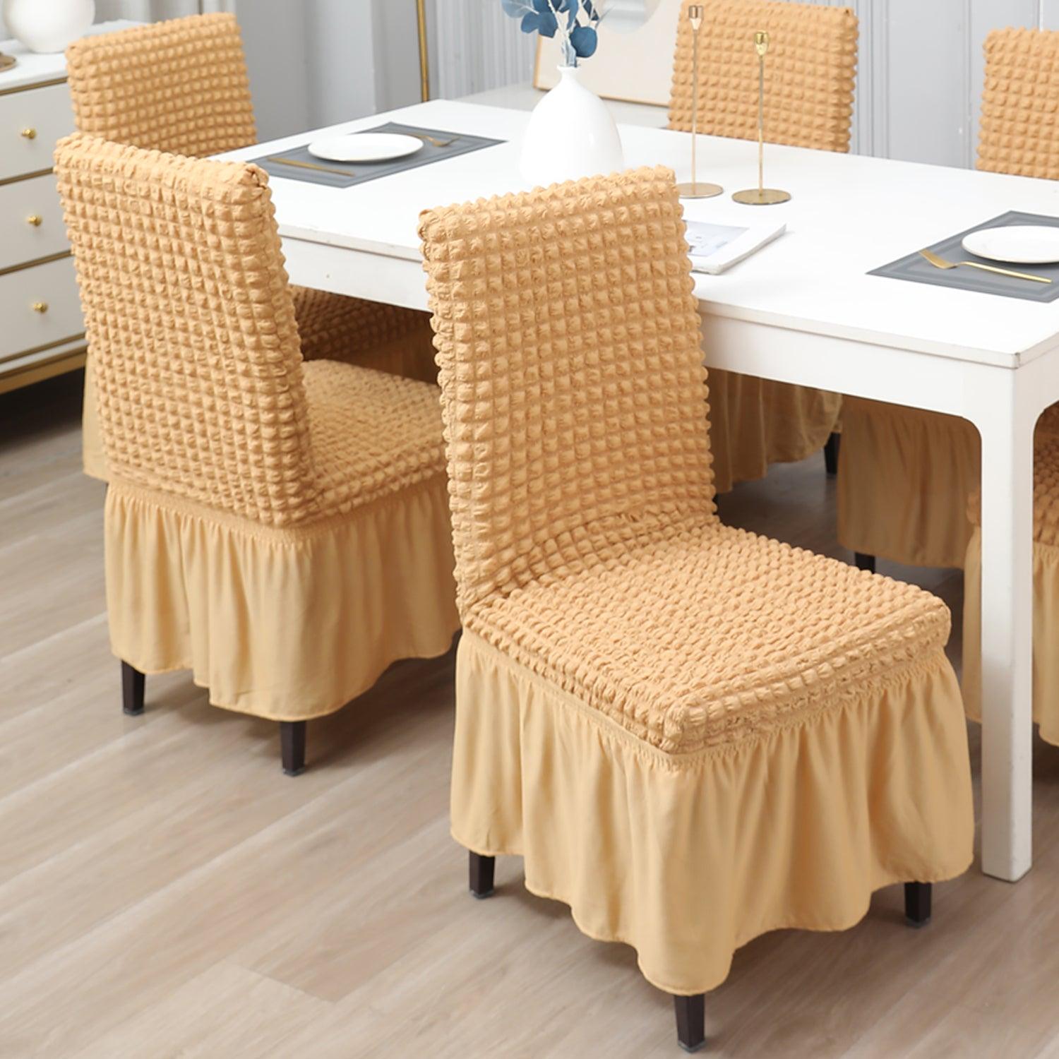 Elastic Stretchable 280 GSM Turkish Bubble Dining Chair Cover with Frill, Light Brown - HOKIPO | Har Ghar ka Humsafar