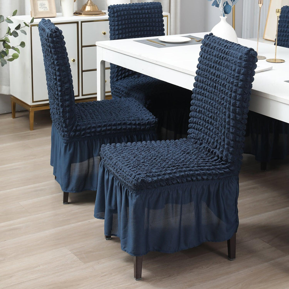 Elastic Stretchable 280 GSM Turkish Bubble Dining Chair Cover with Frill, Navy Blue - HOKIPO | Har Ghar ka Humsafar