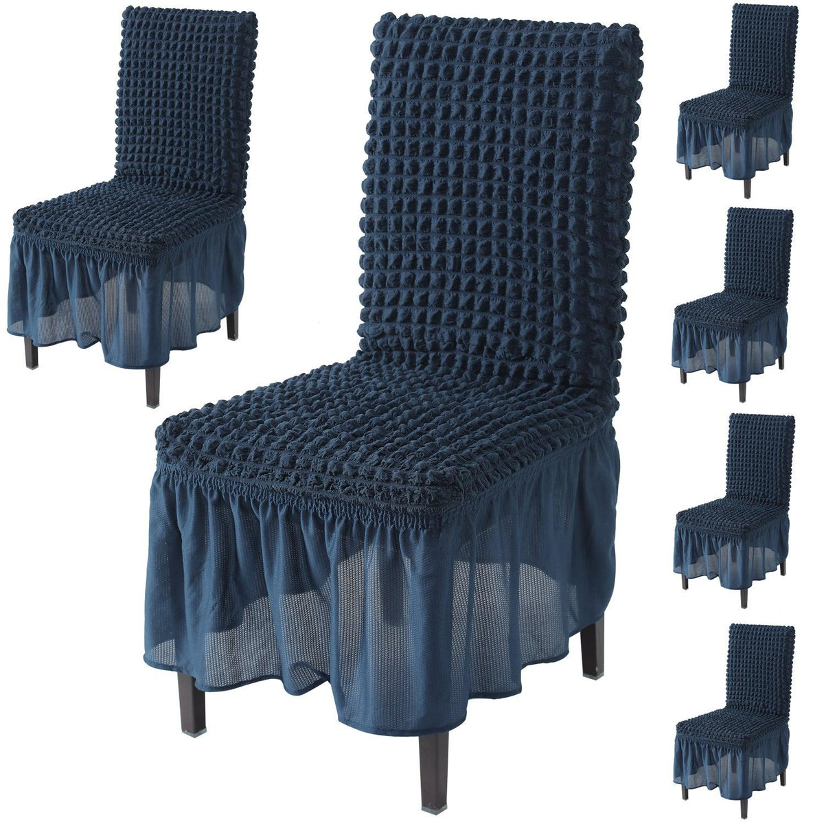 Elastic Stretchable 280 GSM Bubble Dining Chair Cover with Frill, Navy Blue