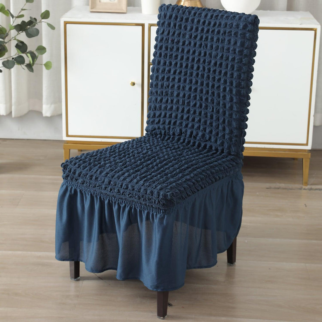 Elastic Stretchable 280 GSM Turkish Bubble Dining Chair Cover with Frill, Navy Blue - HOKIPO | Har Ghar ka Humsafar
