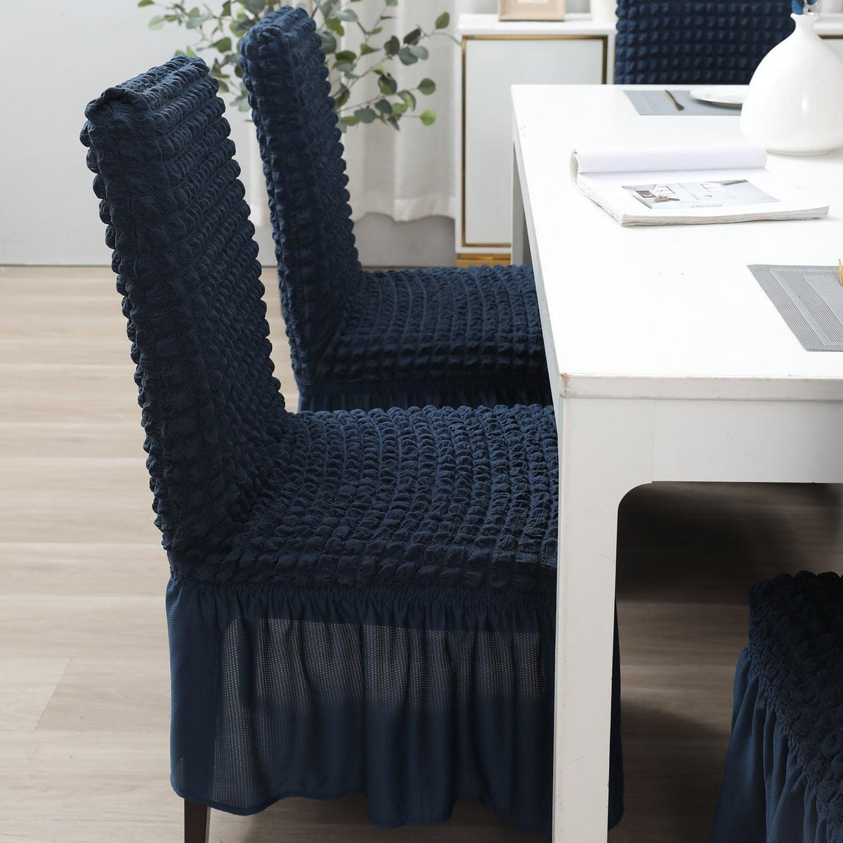 Elastic Stretchable 280 GSM Turkish Bubble Dining Chair Cover with Frill, Navy Blue - HOKIPO | Har Ghar ka Humsafar