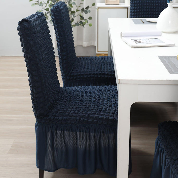 Elastic Stretchable 280 GSM Turkish Bubble Dining Chair Cover with Frill, Navy Blue - HOKIPO | Har Ghar ka Humsafar