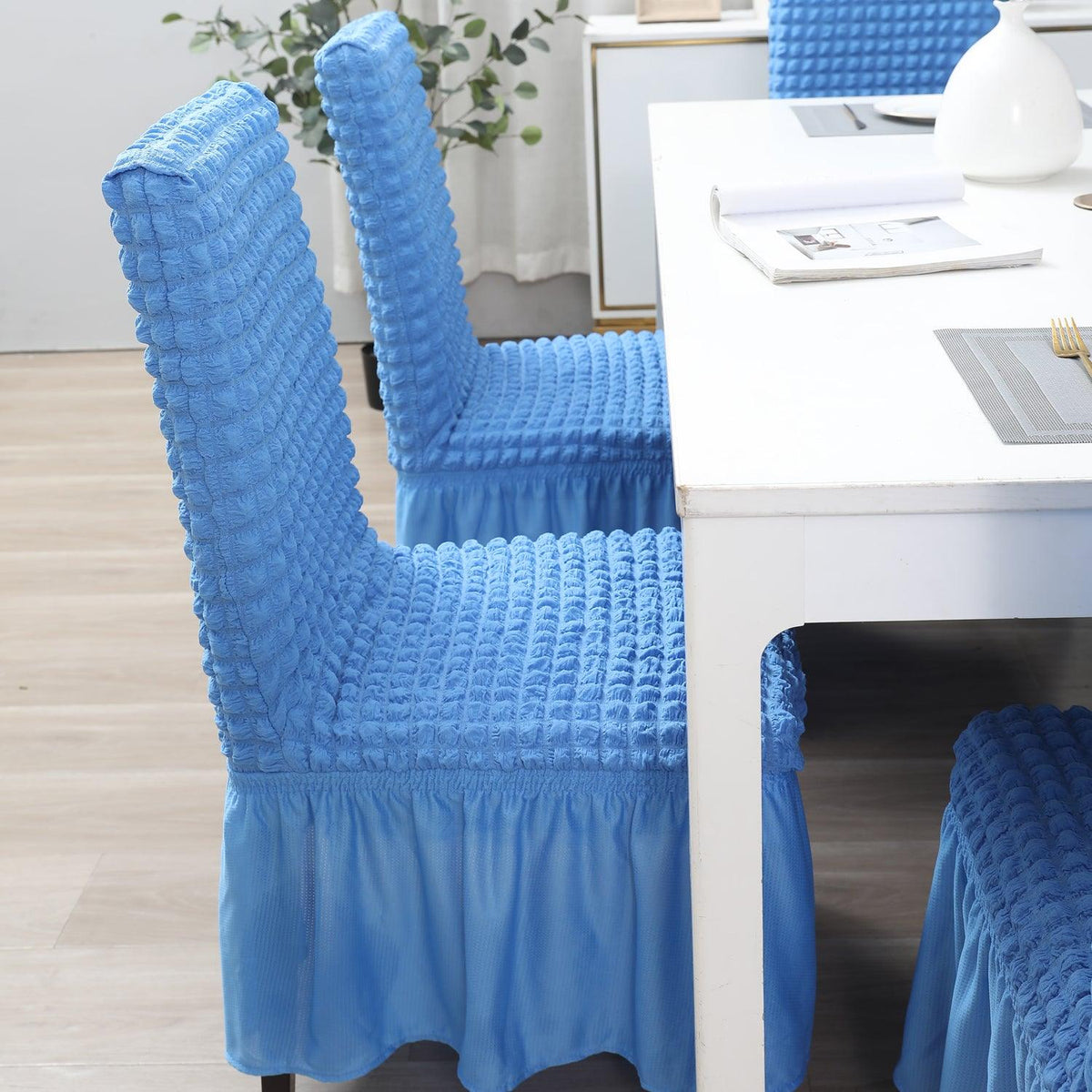 Elastic Stretchable 280 GSM Turkish Bubble Dining Chair Cover with Frill, Sky Blue - HOKIPO | Har Ghar ka Humsafar