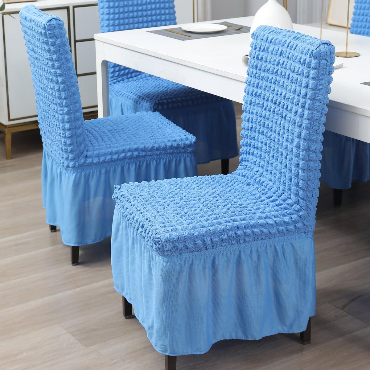 Elastic Stretchable 280 GSM Turkish Bubble Dining Chair Cover with Frill, Sky Blue - HOKIPO | Har Ghar ka Humsafar