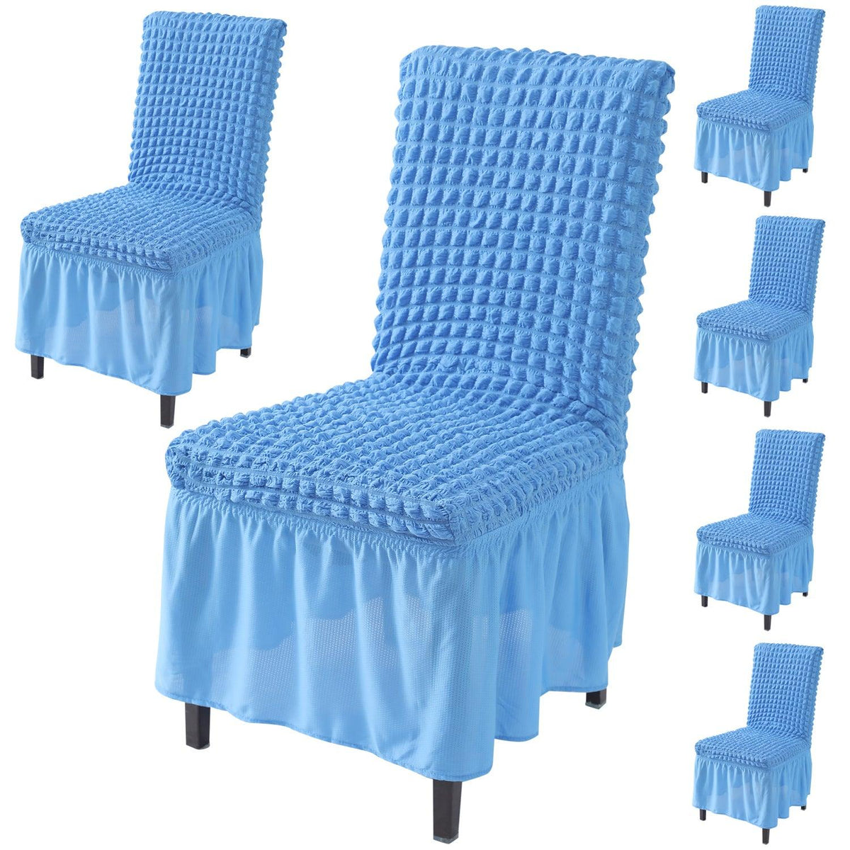 Elastic Stretchable 280 GSM Bubble Dining Chair Cover with Frill, Sky Blue