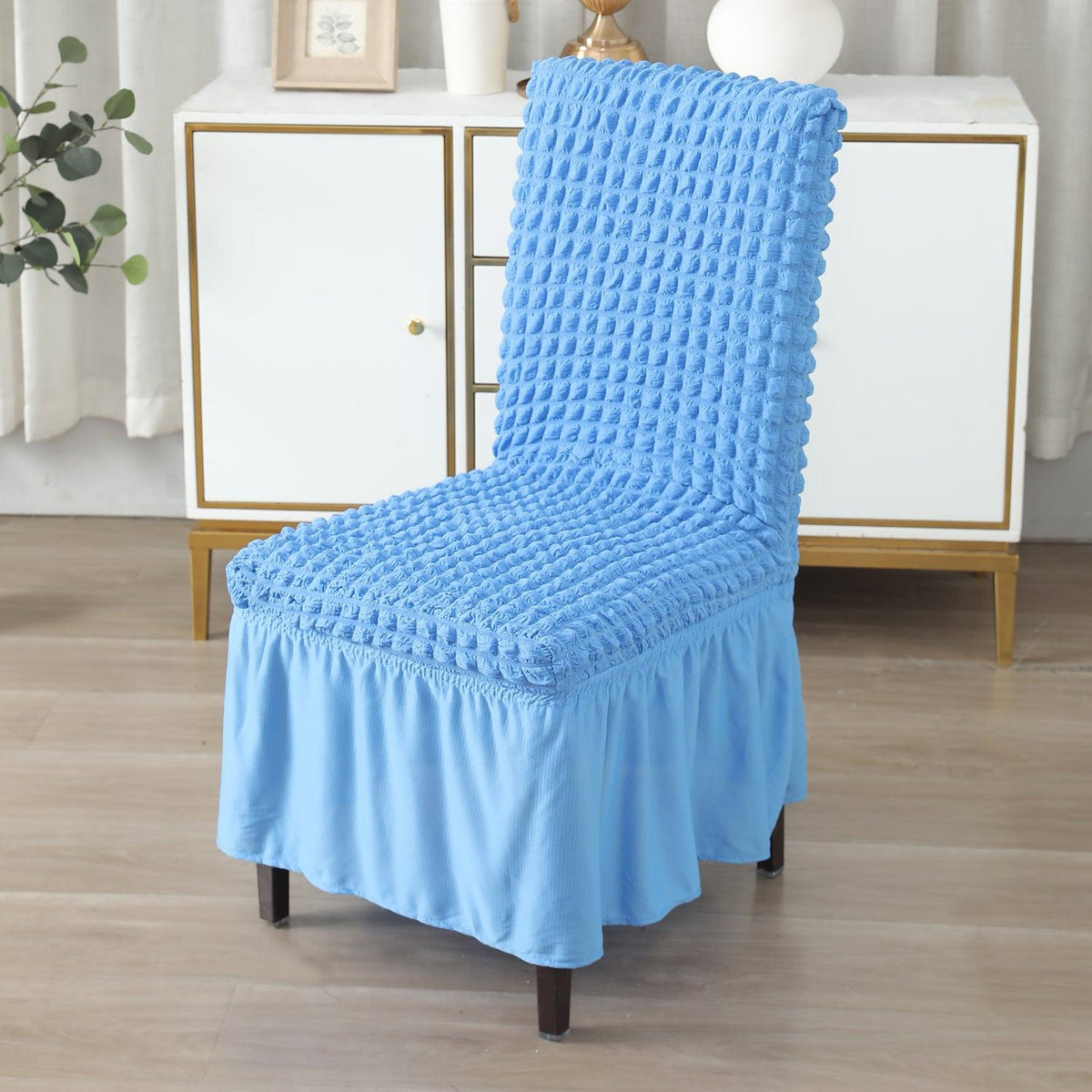 Elastic Stretchable 280 GSM Turkish Bubble Dining Chair Cover with Frill, Sky Blue - HOKIPO | Har Ghar ka Humsafar