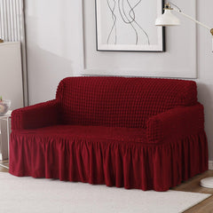 Elastic Stretchable 280 GSM Turkish Bubble Sofa Cover with Frill, Cherry Red - HOKIPO | Har Ghar ka Humsafar