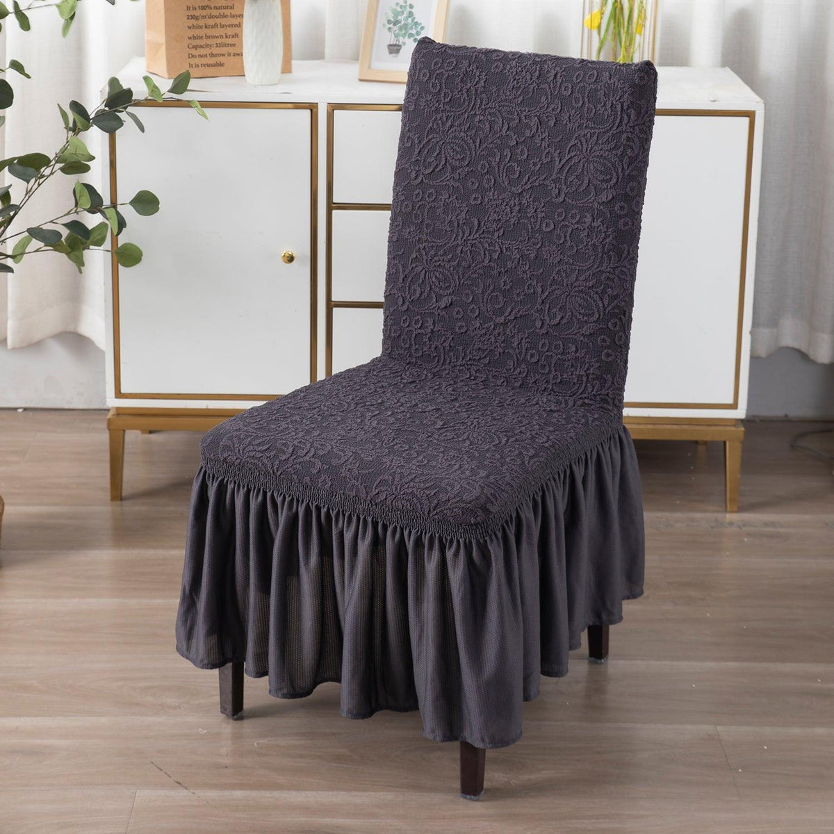 Elastic Stretchable Designer Woven Jacquard Dining Chair Cover with Frill, Abbey Grey - HOKIPO | Har Ghar ka Humsafar