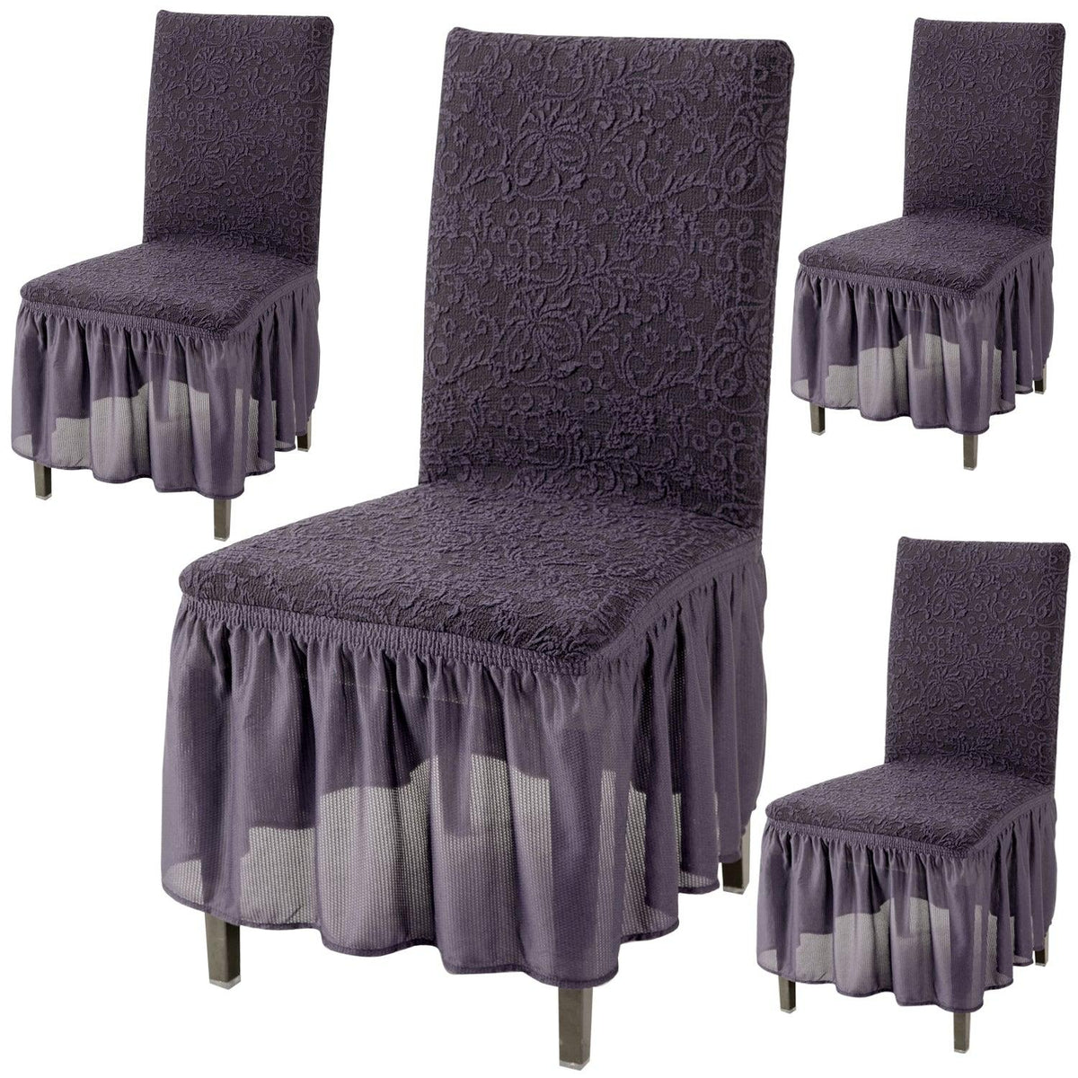Elastic Stretchable Designer Woven Jacquard Dining Chair Cover with Frill, Abbey Grey