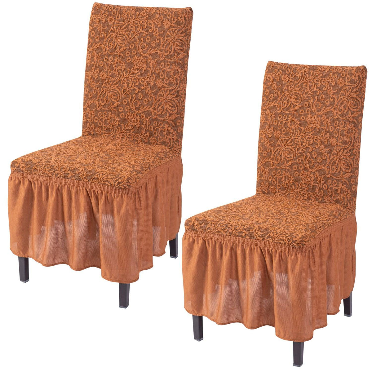 Elastic Stretchable Designer Woven Jacquard Dining Chair Cover with Frill, Caramel Brown - HOKIPO | Har Ghar ka Humsafar