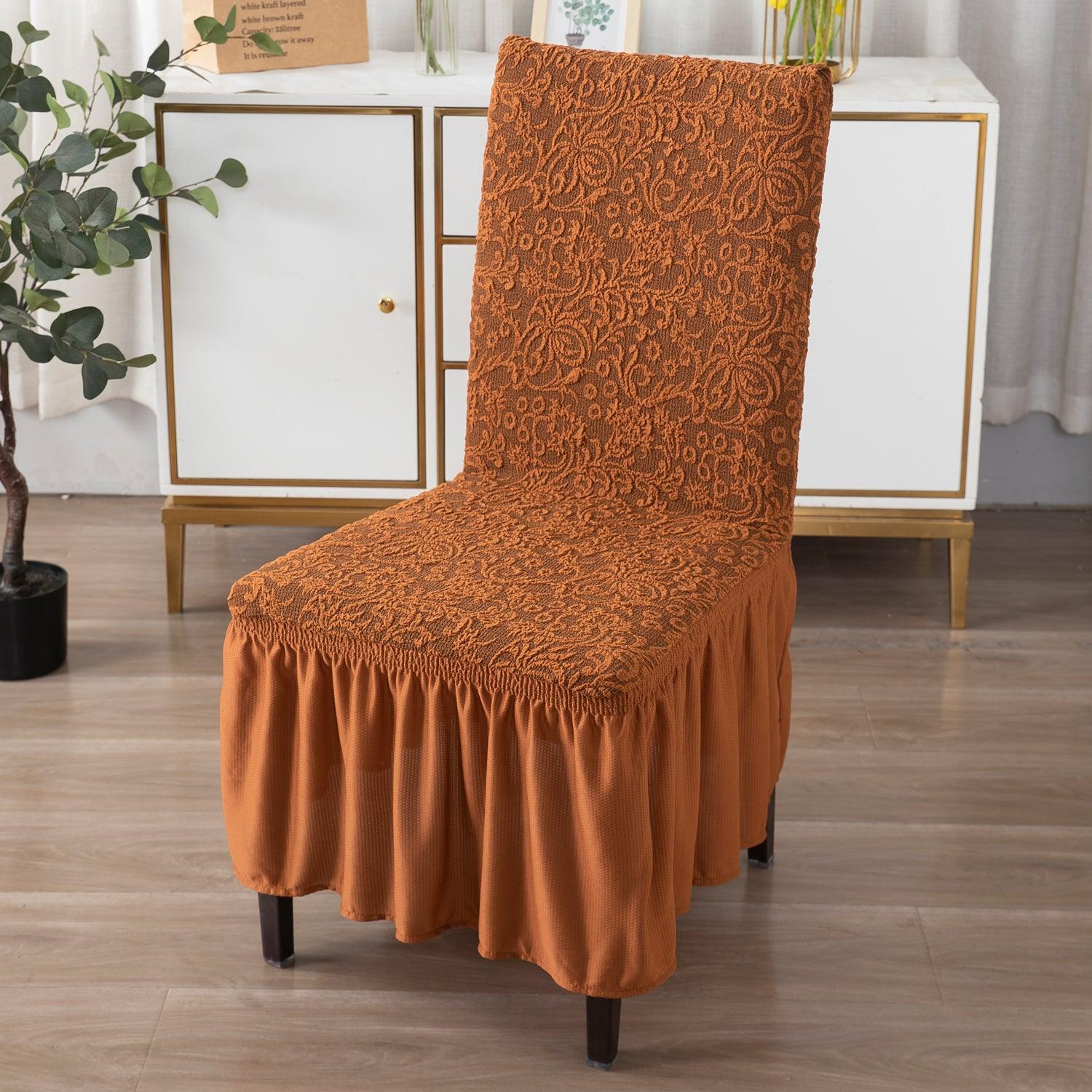 Elastic Stretchable Designer Woven Jacquard Dining Chair Cover with Frill, Caramel Brown - HOKIPO | Har Ghar ka Humsafar