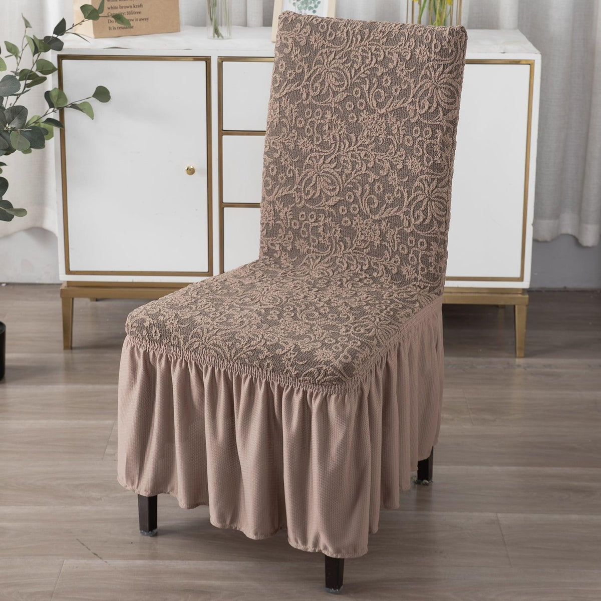 Elastic Stretchable Designer Woven Jacquard Dining Chair Cover with Frill, Light Taupe - HOKIPO | Har Ghar ka Humsafar