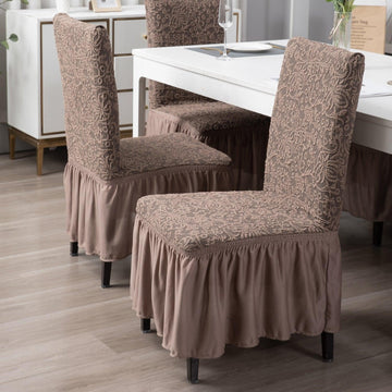 Elastic Stretchable Designer Woven Jacquard Dining Chair Cover with Frill, Light Taupe - HOKIPO | Har Ghar ka Humsafar