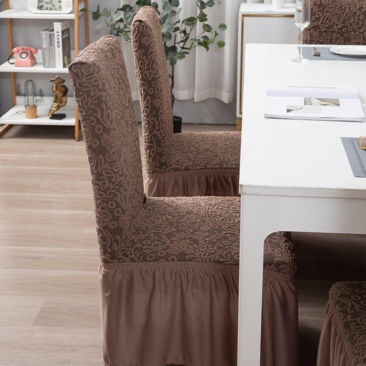 Elastic Stretchable Designer Woven Jacquard Dining Chair Cover with Frill, Light Taupe - HOKIPO | Har Ghar ka Humsafar