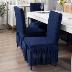 Elastic Stretchable Designer Woven Jacquard Dining Chair Cover with Frill, Navy Blue - HOKIPO | Har Ghar ka Humsafar