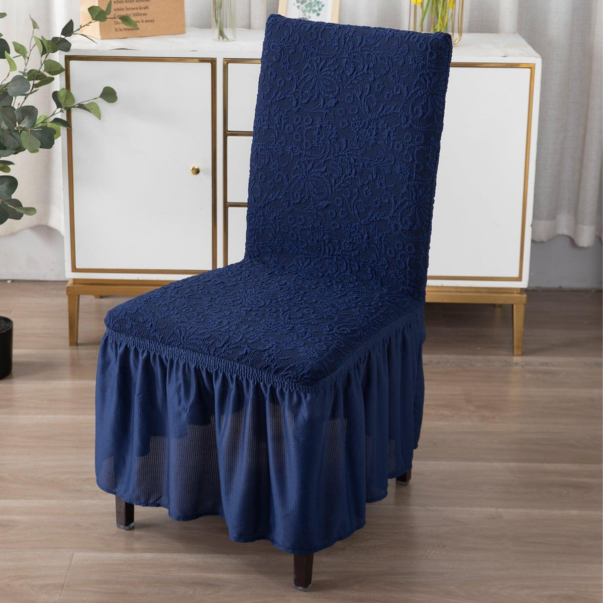 Elastic Stretchable Designer Woven Jacquard Dining Chair Cover with Frill, Navy Blue - HOKIPO | Har Ghar ka Humsafar