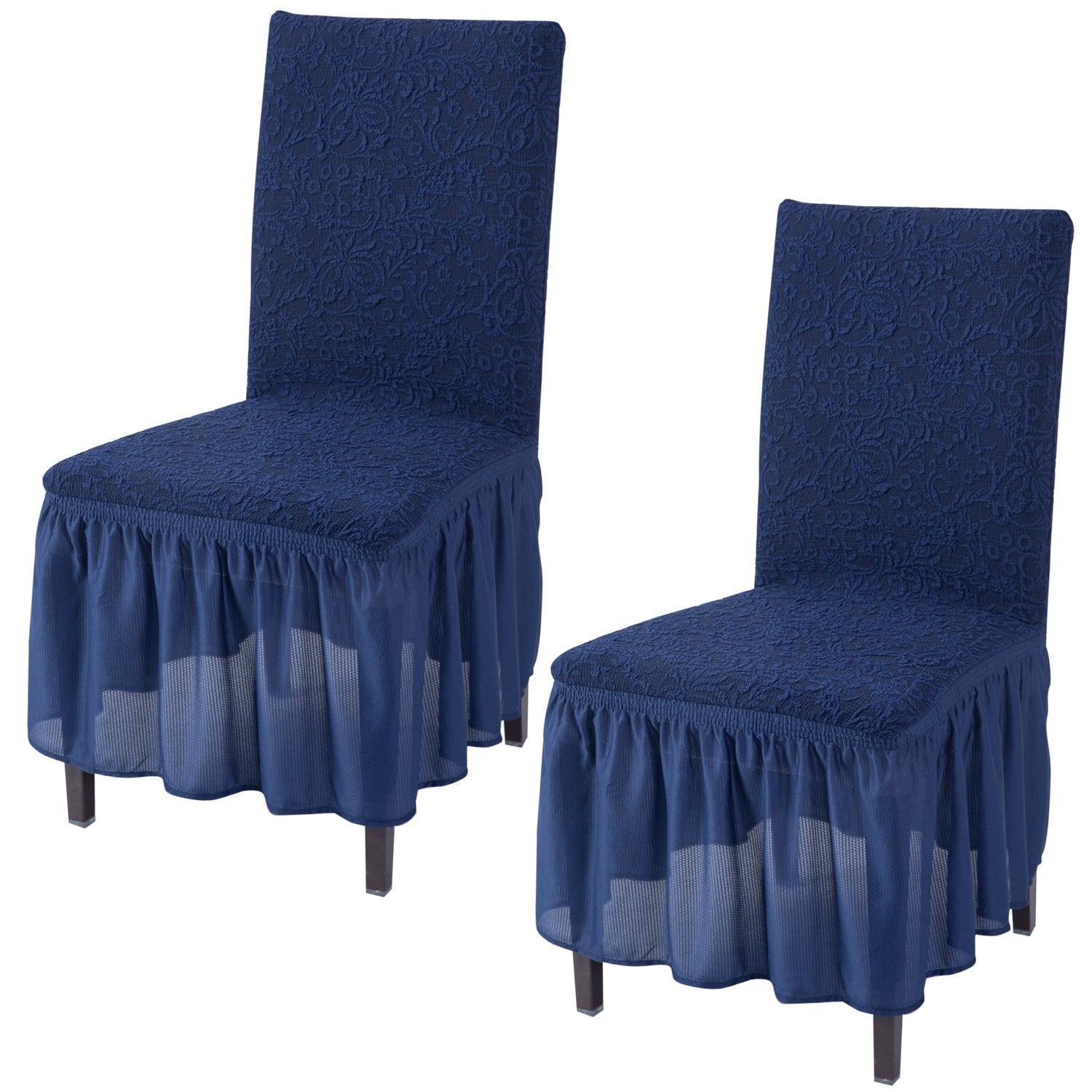 Elastic Stretchable Designer Woven Jacquard Dining Chair Cover with Frill, Navy Blue - HOKIPO | Har Ghar ka Humsafar