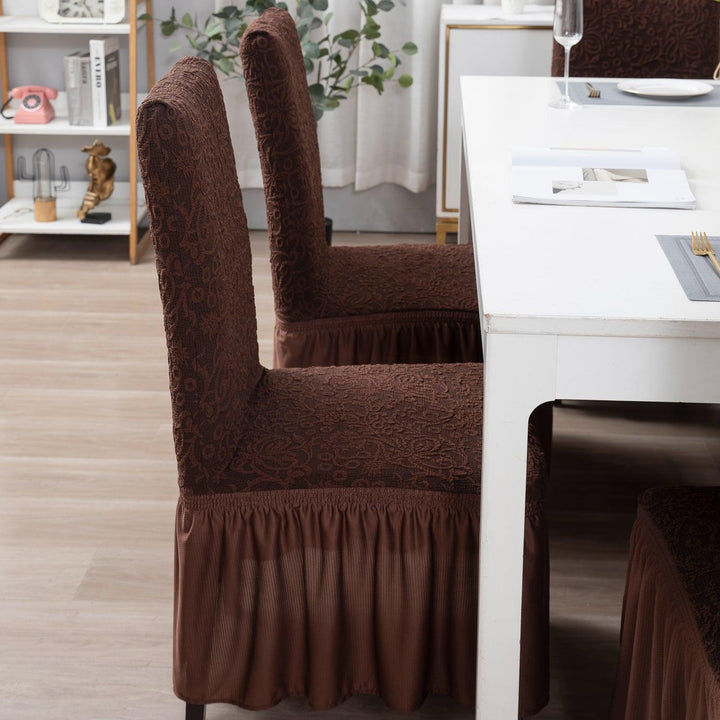 Elastic Stretchable Designer Woven Jacquard Dining Chair Cover with Frill, Pecan Brown - HOKIPO | Har Ghar ka Humsafar