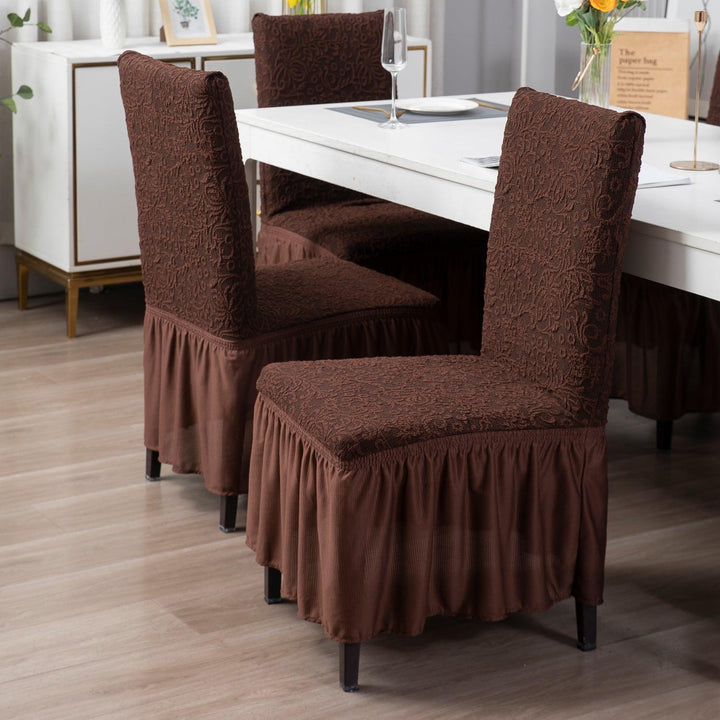 Elastic Stretchable Designer Woven Jacquard Dining Chair Cover with Frill, Pecan Brown - HOKIPO | Har Ghar ka Humsafar