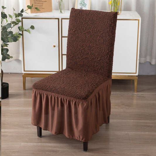 Elastic Stretchable Designer Woven Jacquard Dining Chair Cover with Frill, Pecan Brown - HOKIPO | Har Ghar ka Humsafar