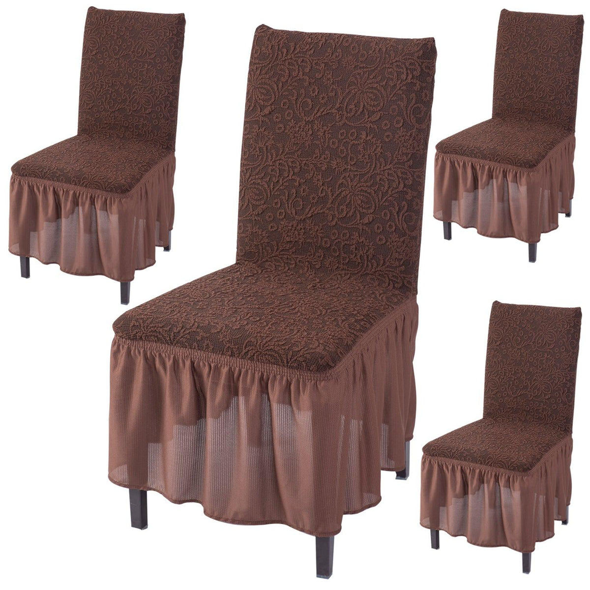 Elastic Stretchable Designer Woven Jacquard Dining Chair Cover with Frill, Pecan Brown - HOKIPO | Har Ghar ka Humsafar