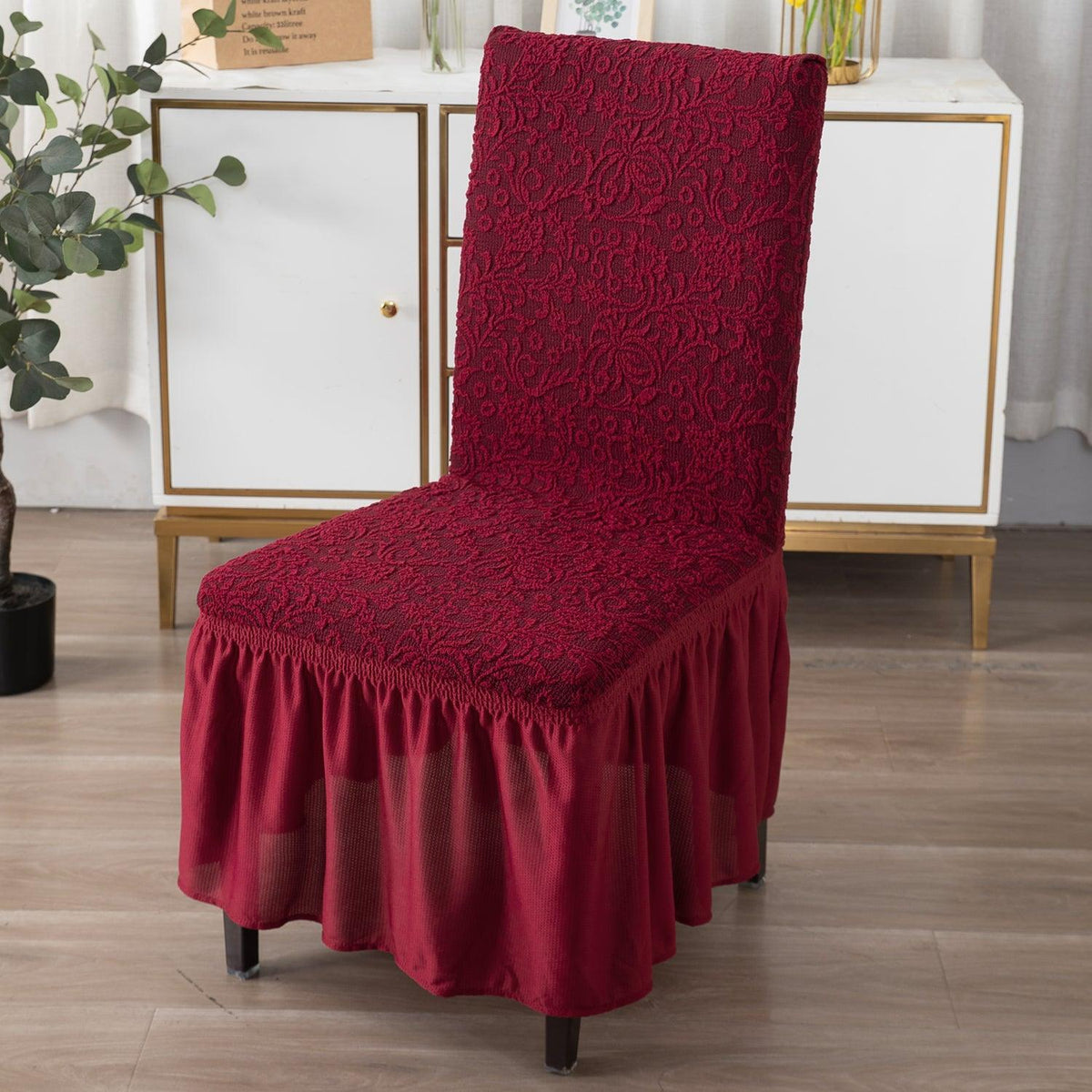 Elastic Stretchable Designer Woven Jacquard Dining Chair Cover with Frill, Wine Red - HOKIPO | Har Ghar ka Humsafar