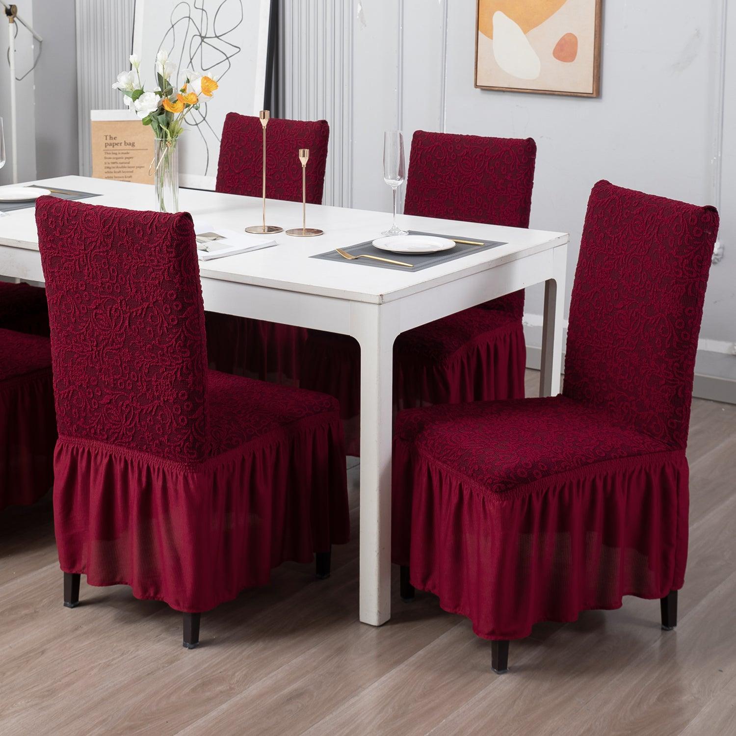 Elastic Stretchable Designer Woven Jacquard Dining Chair Cover with Frill, Wine Red - HOKIPO | Har Ghar ka Humsafar