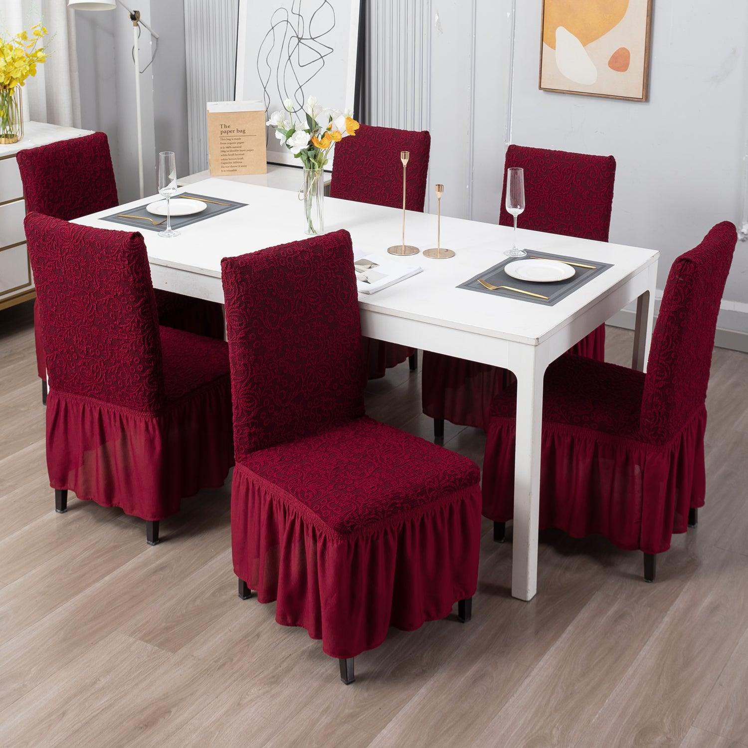 Elastic Stretchable Designer Woven Jacquard Dining Chair Cover with Frill, Wine Red - HOKIPO | Har Ghar ka Humsafar