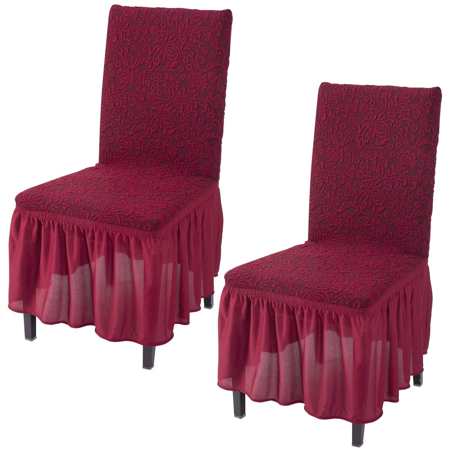 Elastic Stretchable Designer Woven Jacquard Dining Chair Cover with Frill, Wine Red - HOKIPO | Har Ghar ka Humsafar