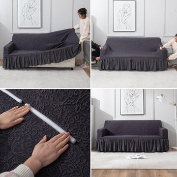 How to put elastic stretchable Abbey Grey designer woven jacquard frill sofa cover guide