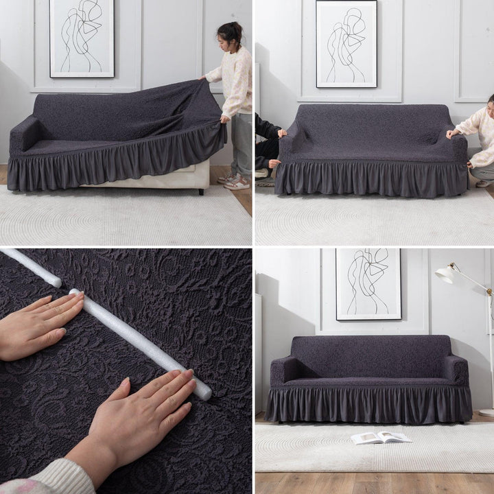 How to put elastic stretchable Abbey Grey designer woven jacquard frill sofa cover guide