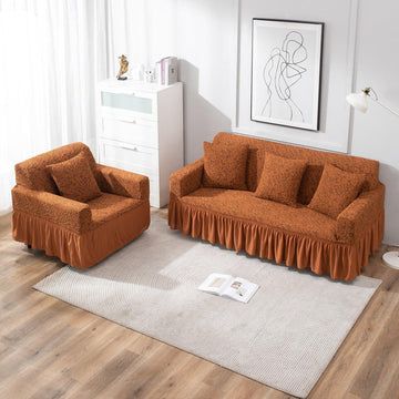 premium Caramel Brown stretchable designer woven jacquard frill sofa cover 3+1+1 seater sofa