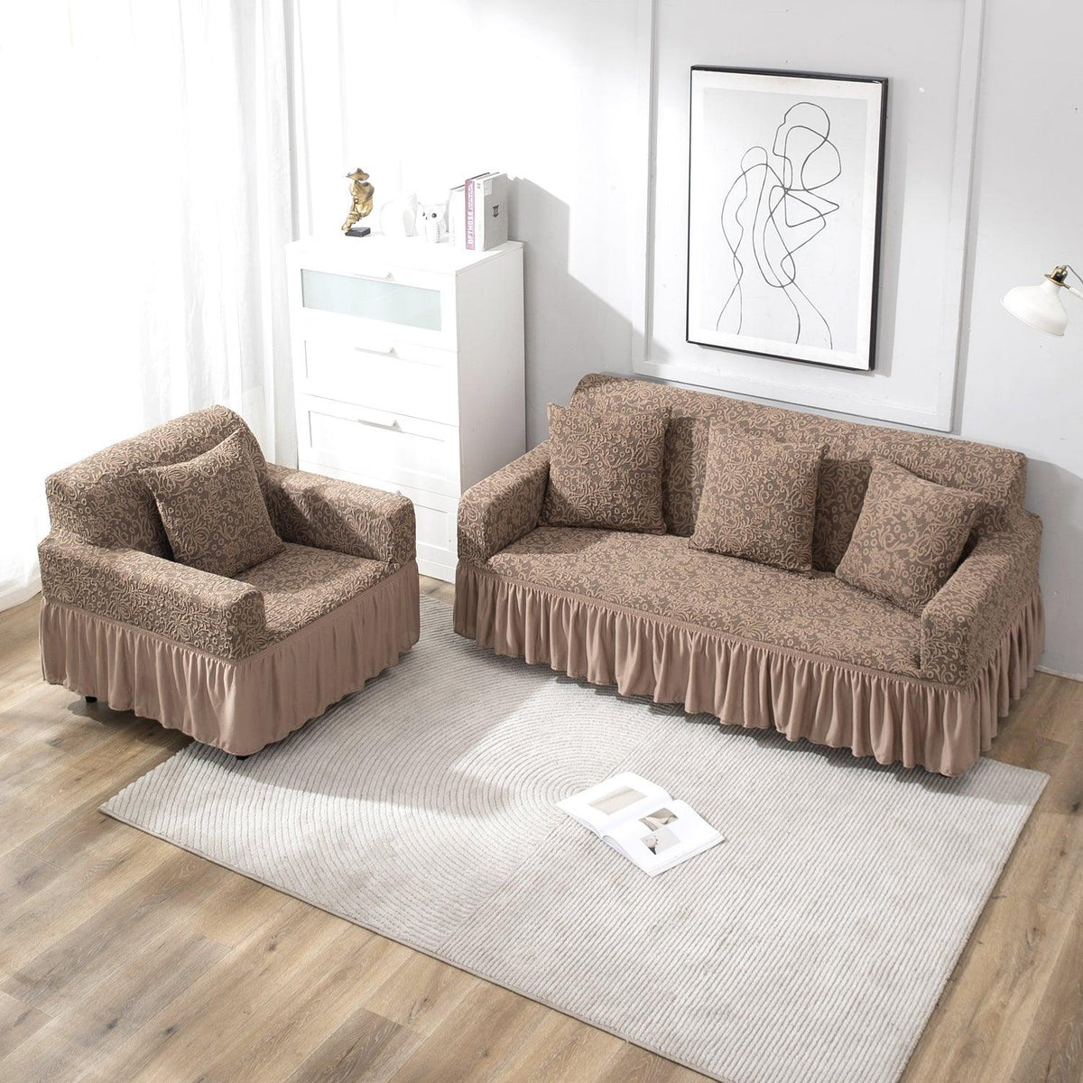 Light Taupe designer woven jacquard frill sofa cover 3 1 1