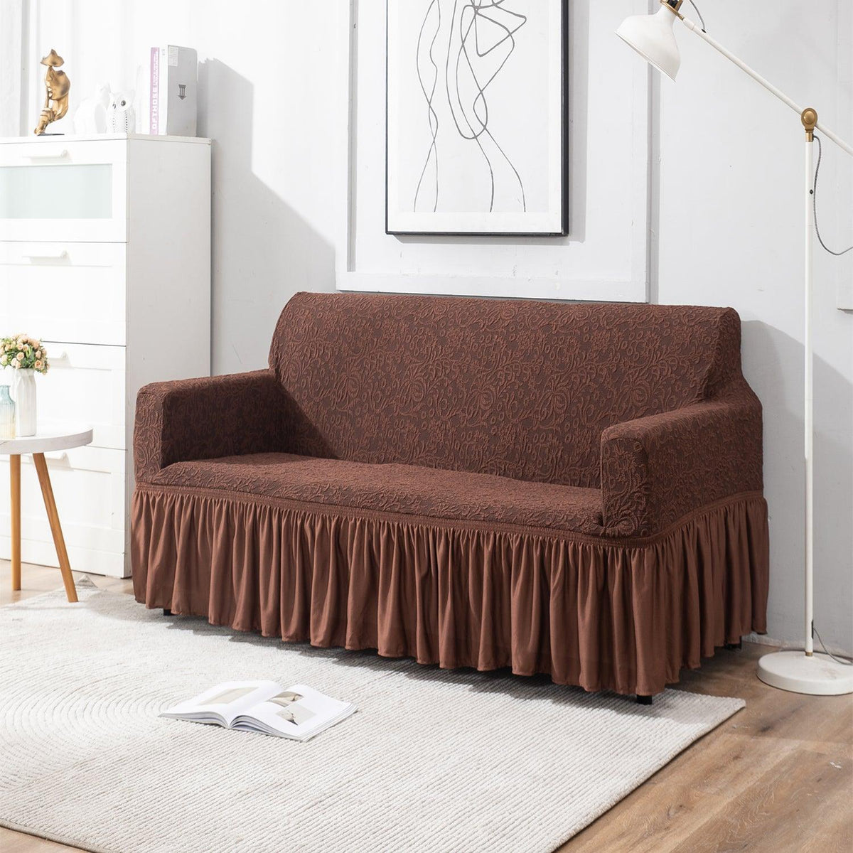 Pecan Brown 2 seater designer woven jacquard elastic frill sofa cover