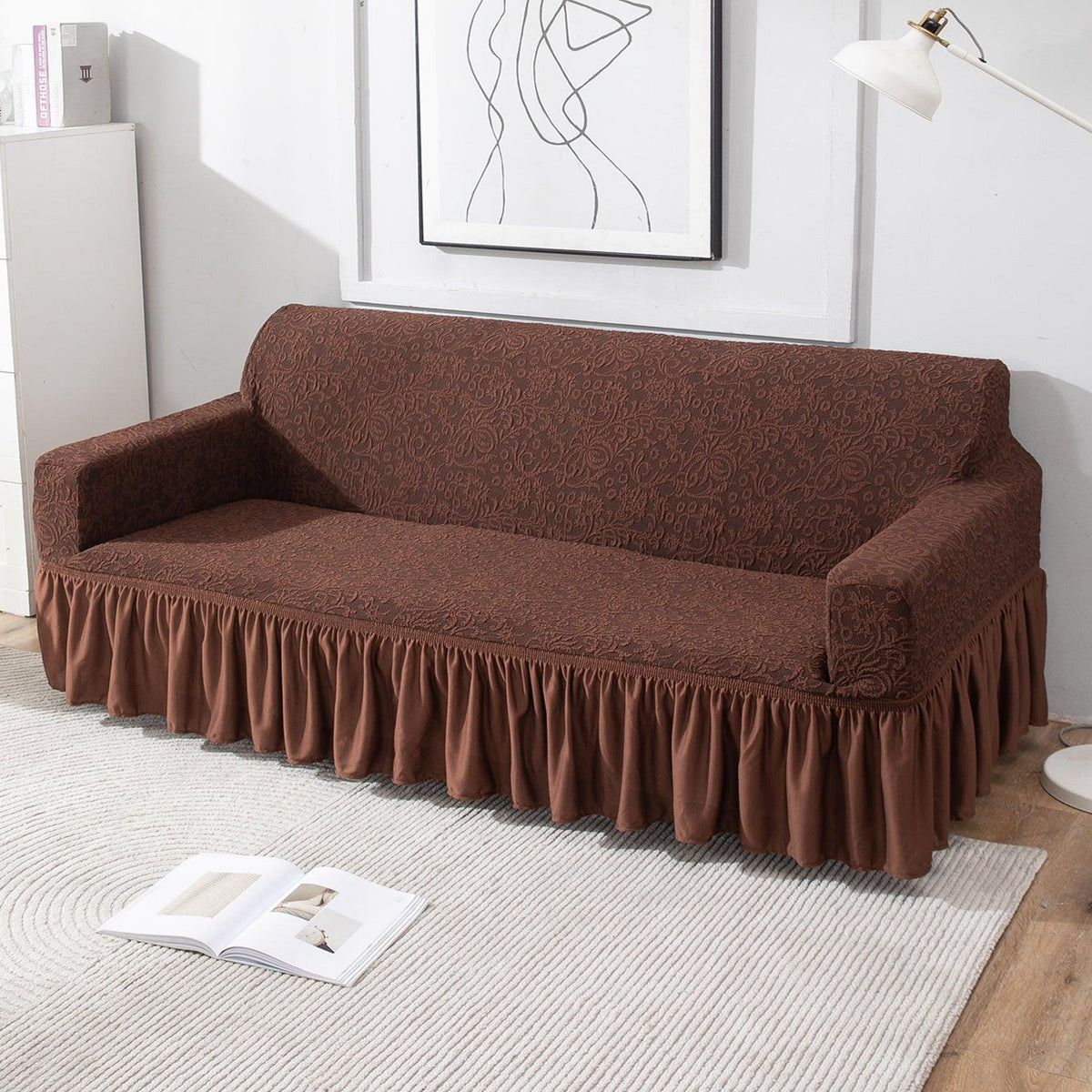Pecan Brown 4 seater designer woven jacquard elastic frill sofa cover