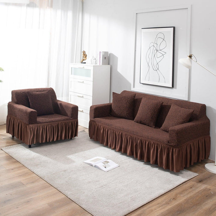 premium Pecan Brown stretchable designer woven jacquard frill sofa cover 3 1 