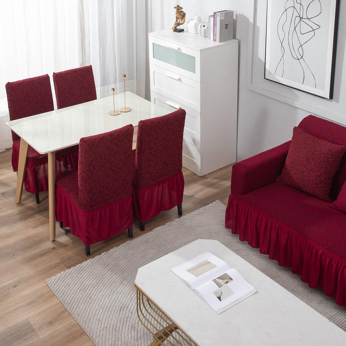 Premium Wine Red matching elastic woven jacquard frill covers for chair and sofa