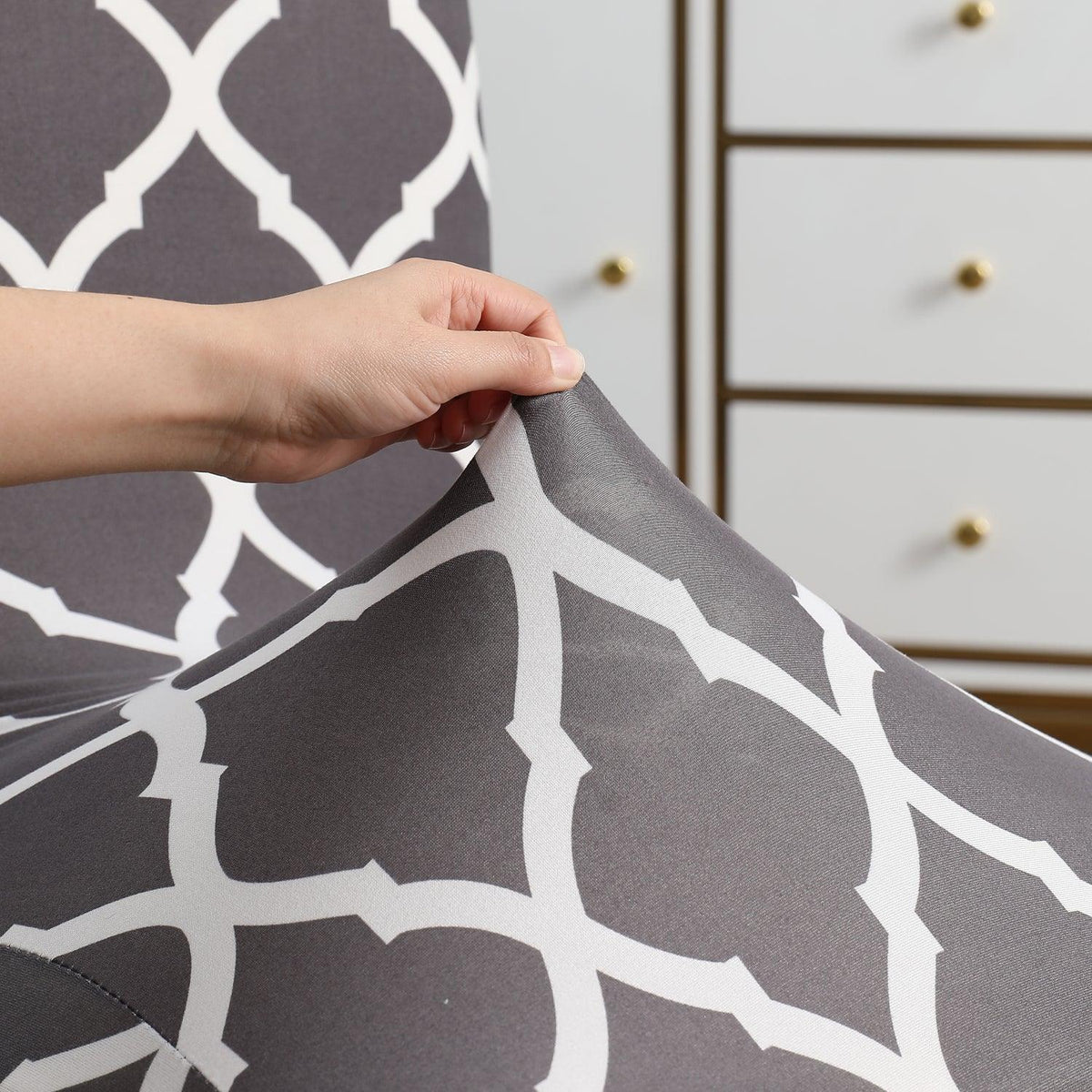 Anchor Grey Moroccan print stretchable dining chair covers | Hokipo