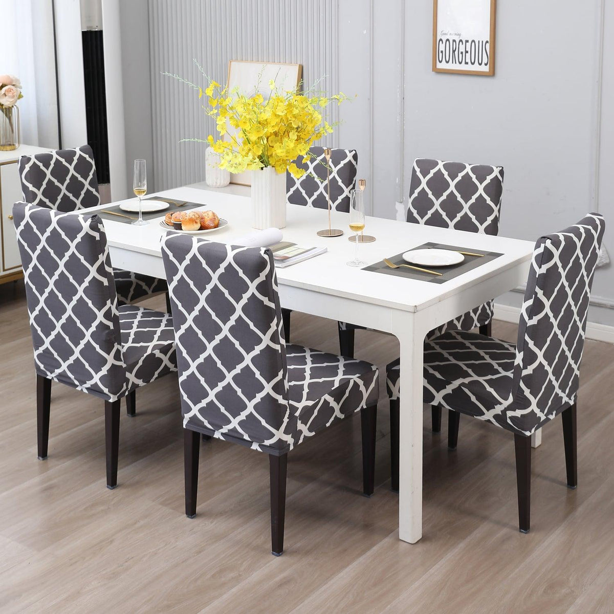 Anchor Grey Moroccan print dining chair covers​ Set | Hokipo