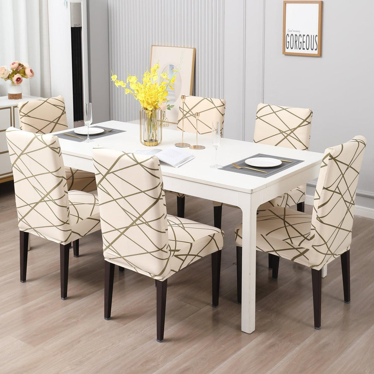 Beige Abstract Line print dining chair covers​ Set | Hokipo
