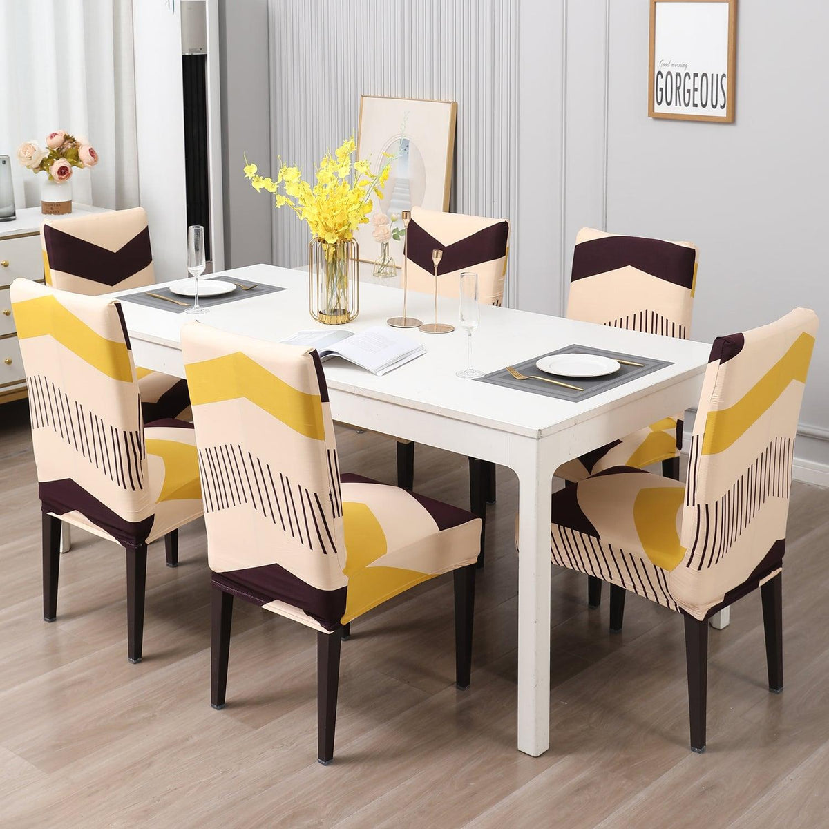 Beige Brown Chevron print dining chair covers​ Set | Hokipo
